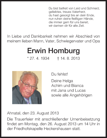 Todesanzeige von Erwin Homburg von HNA