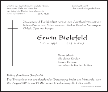Todesanzeige von Erwin Bielefeld von HNA
