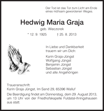 Todesanzeige von Hedwig Maria von HNA