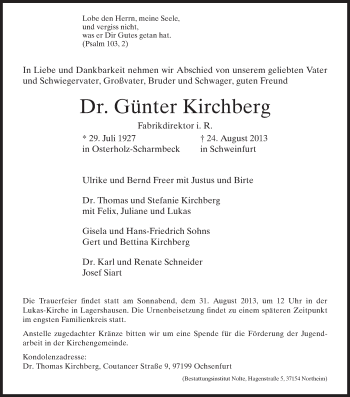 Todesanzeige von Günter Kirchberg von HNA