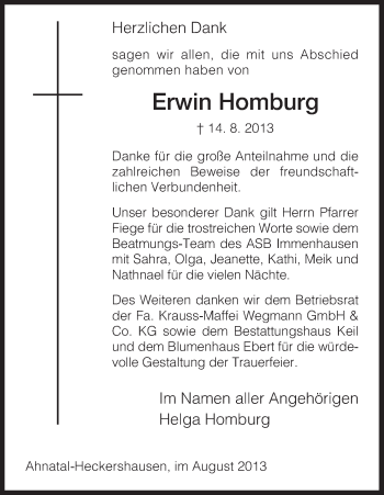 Todesanzeige von Erwin Homburg von HNA