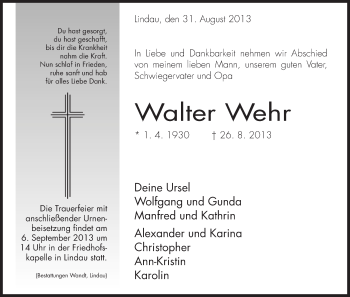 Todesanzeige von Walter Wehr von HNA