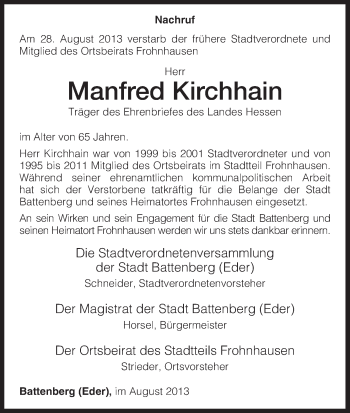 Todesanzeige von Manfred Kirchhain von HNA