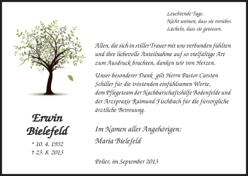 Todesanzeige von Erwin Bielefeld von HNA