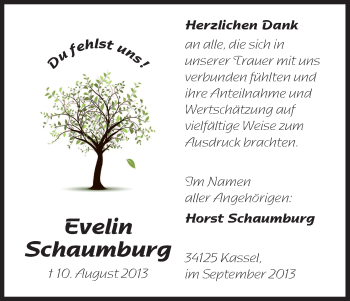 Todesanzeige von Evelin Schaumburg von HNA