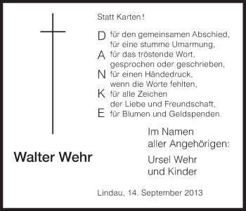Todesanzeige von Walter Wehr von HNA