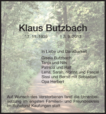 Todesanzeige von Klaus Butzbach von HNA