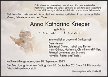 Todesanzeige von Anna Katharina Krieger von HNA