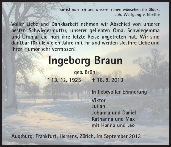 Todesanzeige von Ingeborg Braun von HNA