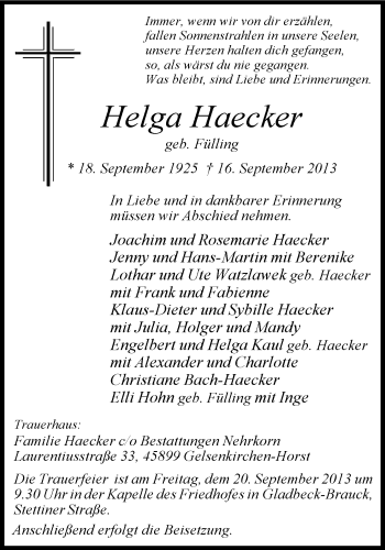 Todesanzeige von Helga Haecker von HNA