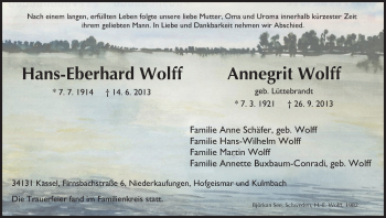 Todesanzeige von Hans-Eberhard und Annegrit Wolff von HNA