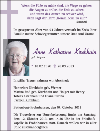 Todesanzeige von Anne Katharine Kirchhain von HNA