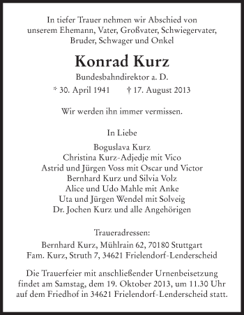 Todesanzeige von Konrad Kurz von HNA