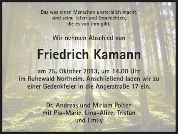 Todesanzeige von Friedrich Kamann von HNA