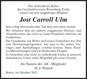 Todesanzeige von Jost Carroll Ulm von HNA