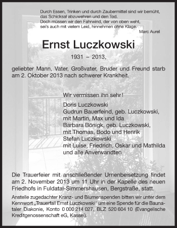 Todesanzeige von Ernst Luczkowski von HNA