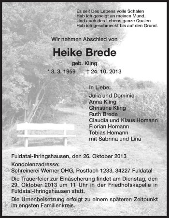 Todesanzeige von Heike Brede von HNA