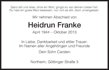 Todesanzeige von Heidrun Franke von HNA