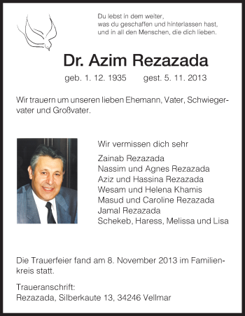 Todesanzeige von Azim Rezazada von HNA