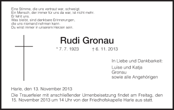 Todesanzeige von Rudi Gronau von HNA