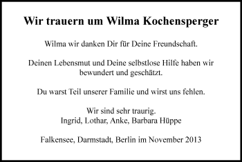 Todesanzeige von Wilma Kochensperger von HNA