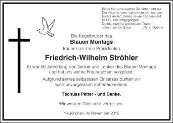 Todesanzeige von Friedrich-Wilhelm Ströhler von HNA