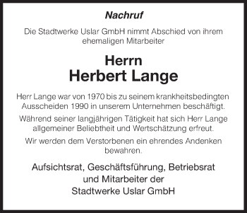 Todesanzeige von Herbert Lange von HNA