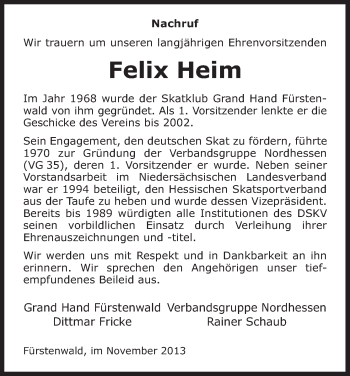 Todesanzeige von Felix Heim von HNA