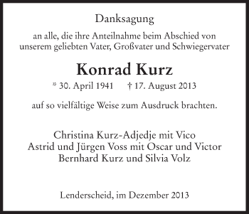 Todesanzeige von Konrad Kurz von HNA