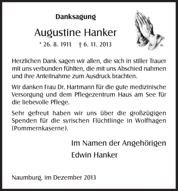 Todesanzeige von Augustine Hanker von HNA
