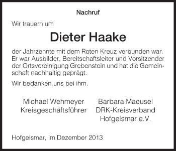 Todesanzeige von Dieter Haake von HNA