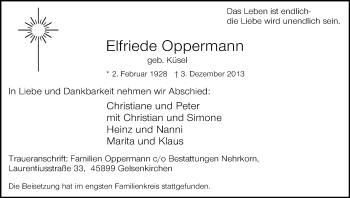 Todesanzeige von Elfriede Oppermann von HNA