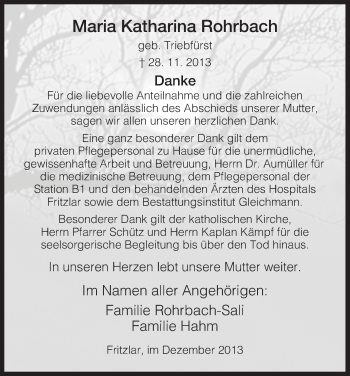 Todesanzeige von Maria Katharina Rohrbach von HNA