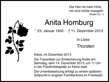 Todesanzeige von Anita Homburg von HNA