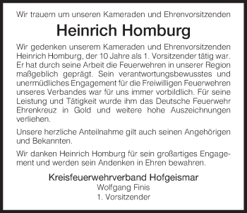 Todesanzeige von Heinrich Homburg von HNA