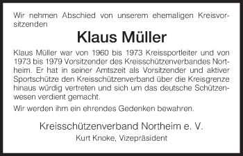 Todesanzeige von Klaus Müller von HNA