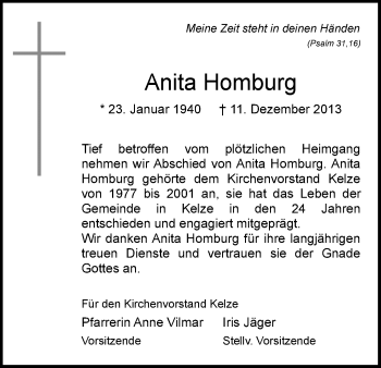 Todesanzeige von Anita Homburg von HNA