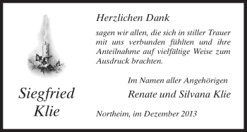 Todesanzeige von Siegfreid Klie von HNA