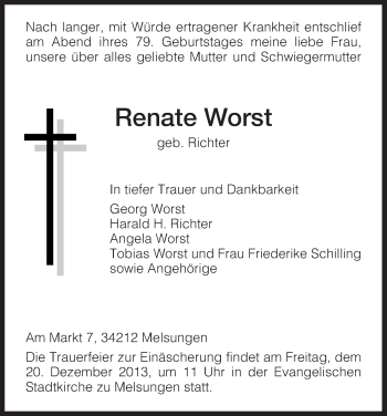 Todesanzeige von Renate Worst von HNA