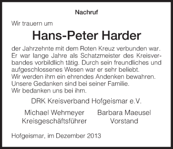 Todesanzeige von Hans-Peter Harder von HNA