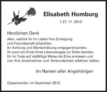 Todesanzeige von Elisabeth Homburg von HNA