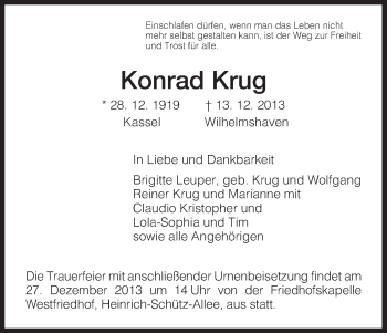 Todesanzeige von Konrad Krug von HNA