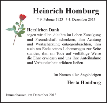 Todesanzeige von Heinrich Homburg von HNA