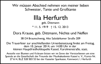 Todesanzeige von Ilse Herfurth von HNA