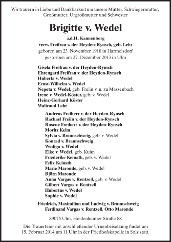 Todesanzeige von Brigitte von Wedel von HNA