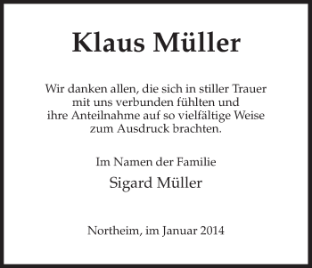 Todesanzeige von Klaus Müller von HNA