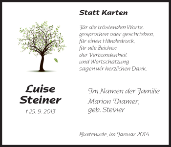 Todesanzeige von Luise Steiner von HNA