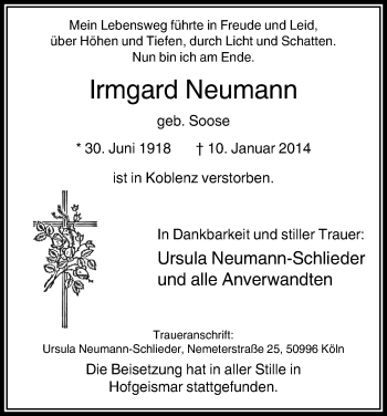 Todesanzeige von Irmgard Neumann von HNA