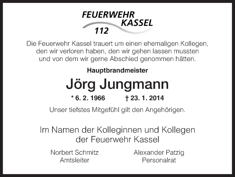  Traueranzeige für Jörg Jungmann vom 27.01.2014 aus HNA