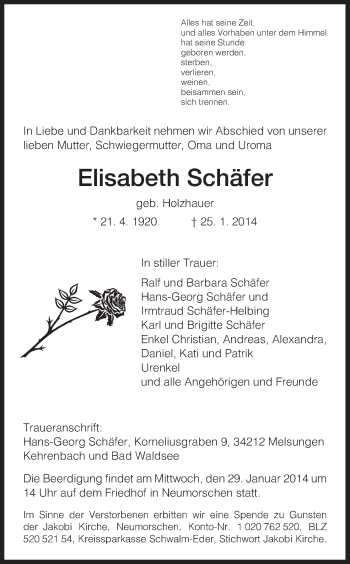 Todesanzeige von Elisabeth Schäfer von HNA